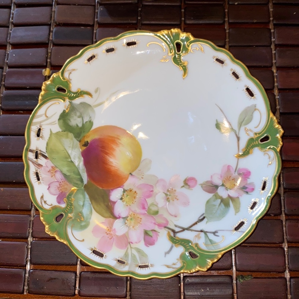 Antique Nymphenburg Reticulated Fruit Dessert Plate Porcelain Apple & Flowers